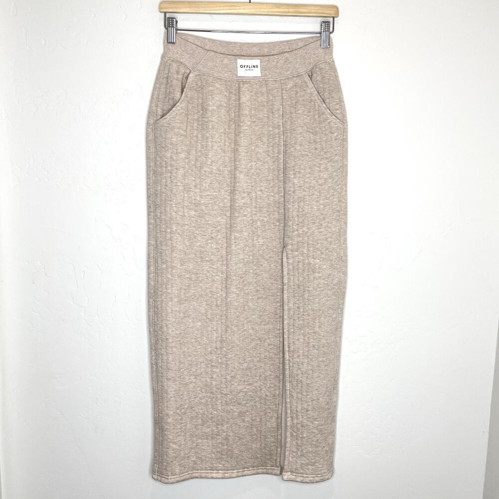 Offline By Aerie Ribbed Side Slit Midi Skirt Womens XS Oatmeal Cream